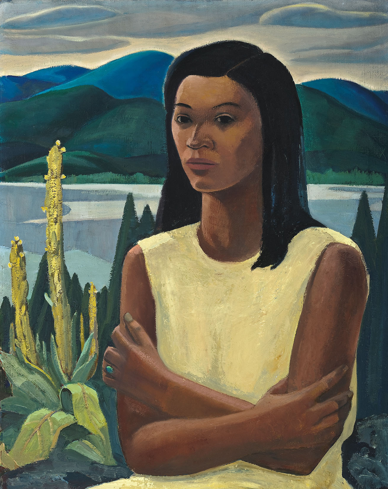A young woman with brown skin looks directly at the viewer. She is depicted from the torso up. She has shoulder-length black hair. She is wearing a white sleeveless top and her arms are crossed. There is a turquoise ring on her left ring finger. Behind her is a tall plant with a yellow stalk and large green leaves. There is a lake and mountains in the distance, the sky is full of rolling clouds.