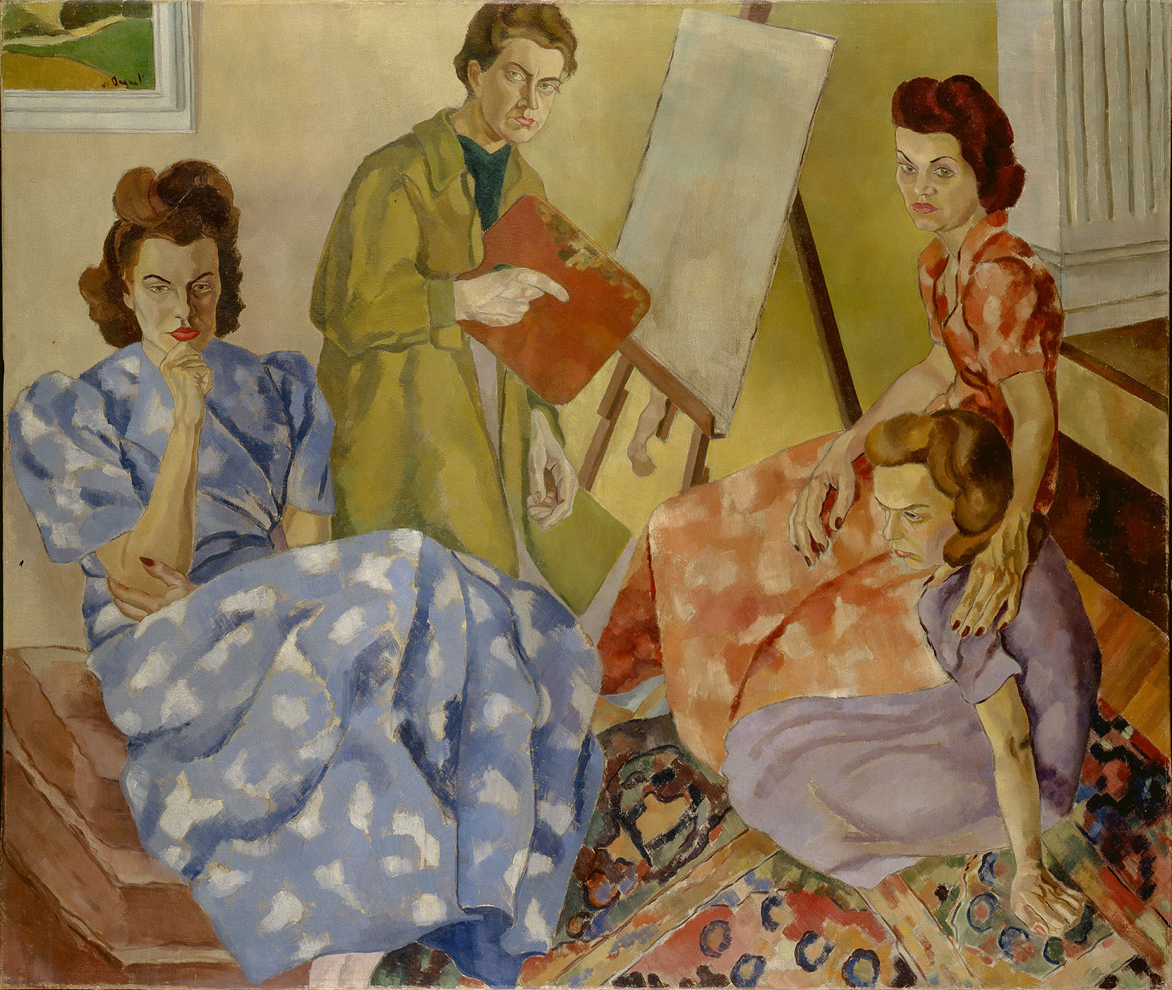 A self portrait of the artist surrounded by three women who are believed to be her sisters. They are sitting on a colourful patterned rug in a room that could be the artist’s studio. The artist sits in front of a blank canvas on an easel, she is wearing a trench coat or artist's smock. She looks directly at the viewer. The other three women are wearing colourful, more formal dresses and each one is looking in a different direction.