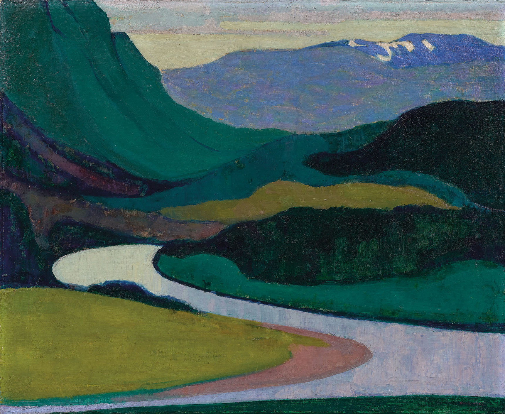 A landscape painted in bold colours. In the foreground a river winds through a pink and chartreuse green landscape with green and blue mountains in the distance.