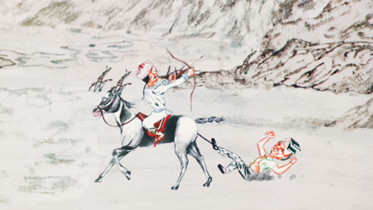 One animated character rides a horse while shooting an arrow from a bow into the air behind him, while another animated character is dragged behind the horse