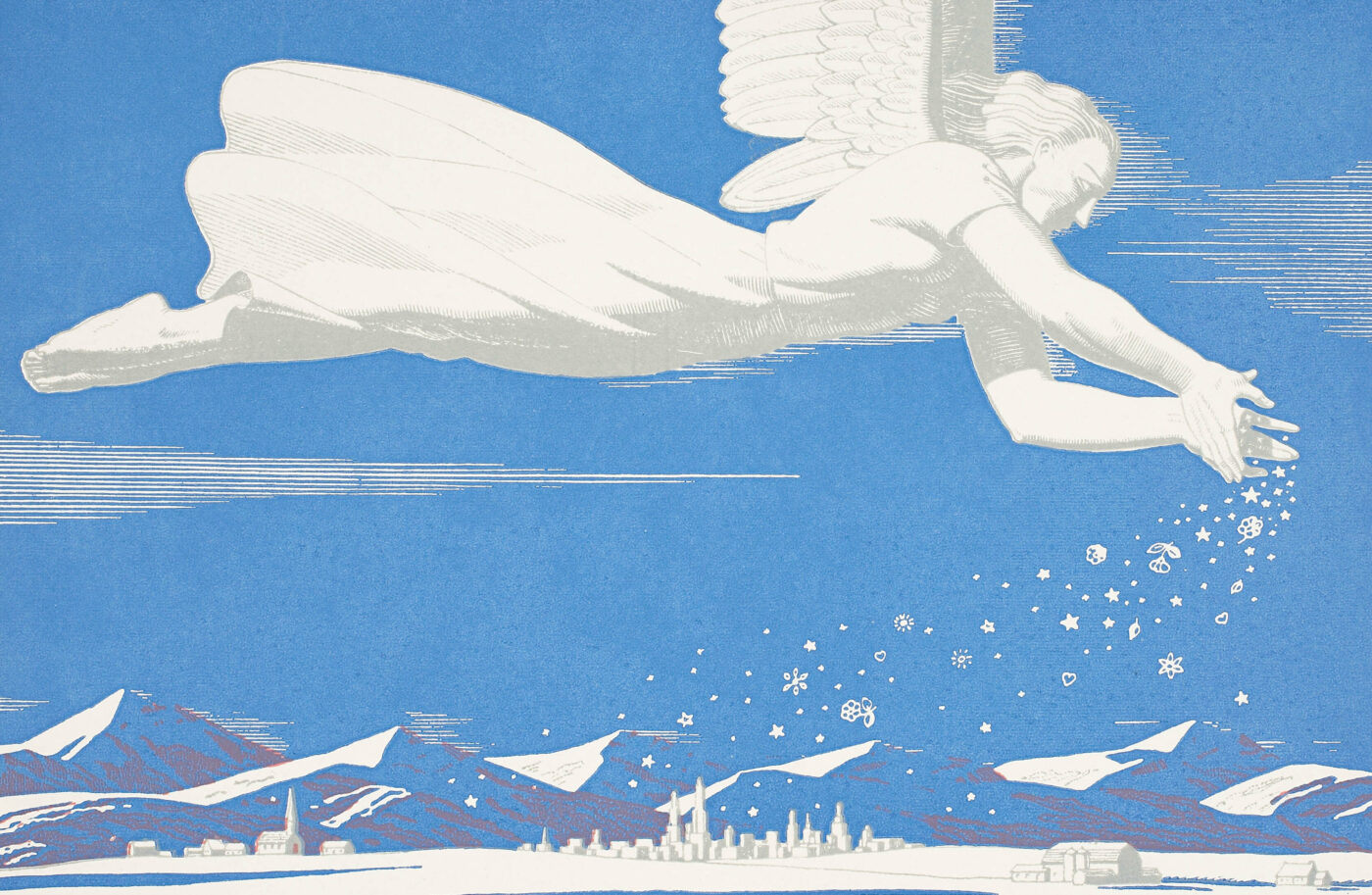 An angel flies over a bright background, dropping snowflakes on a quiet town below.