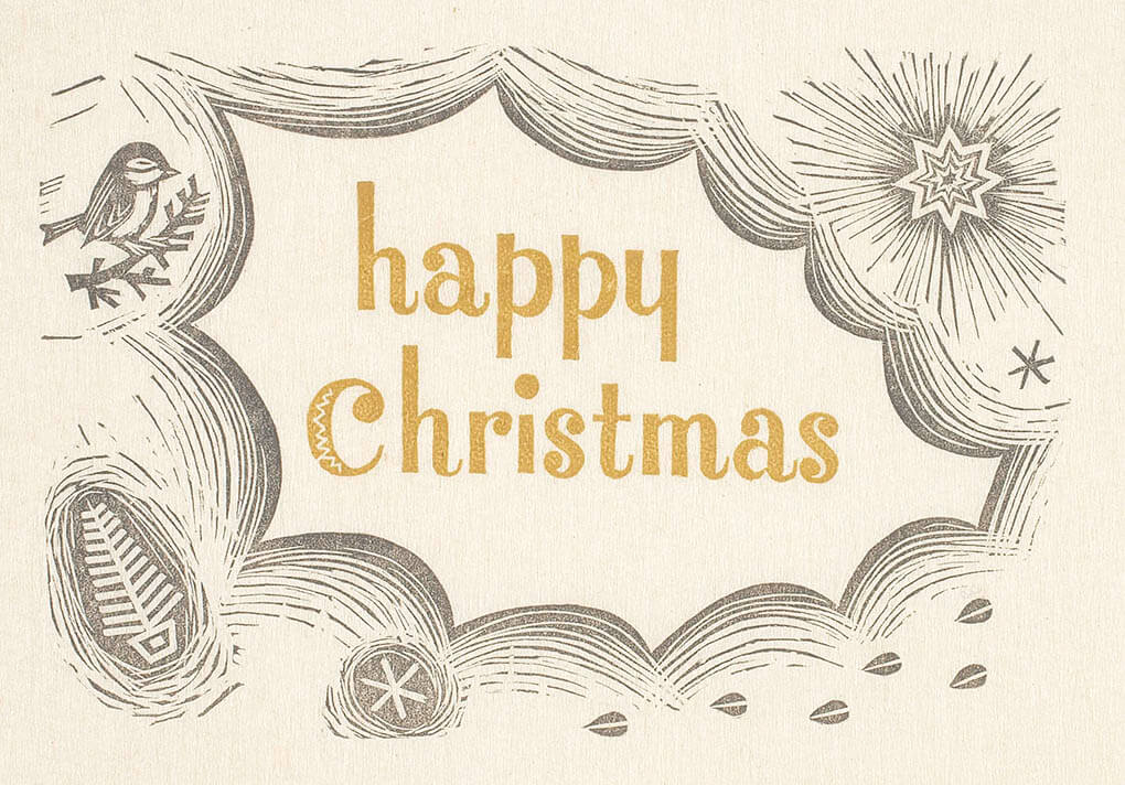 An illustrated bird, snowflakes, and leaves surround a 'Happy Christmas' message